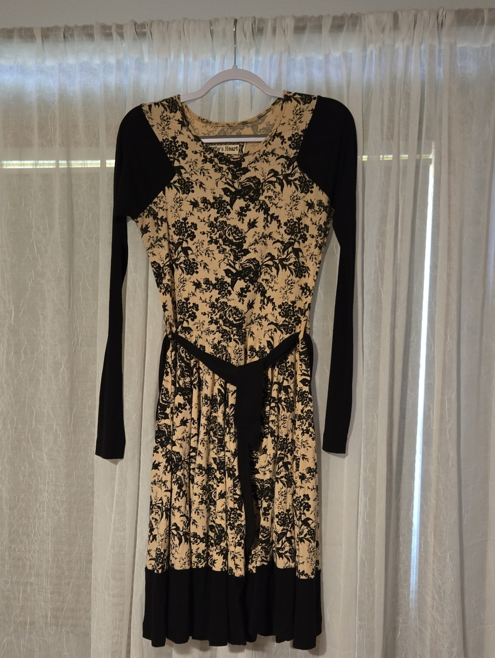 Effie's Heart Black and Cream Floral Long-Sleeve Tie-Waist Dress